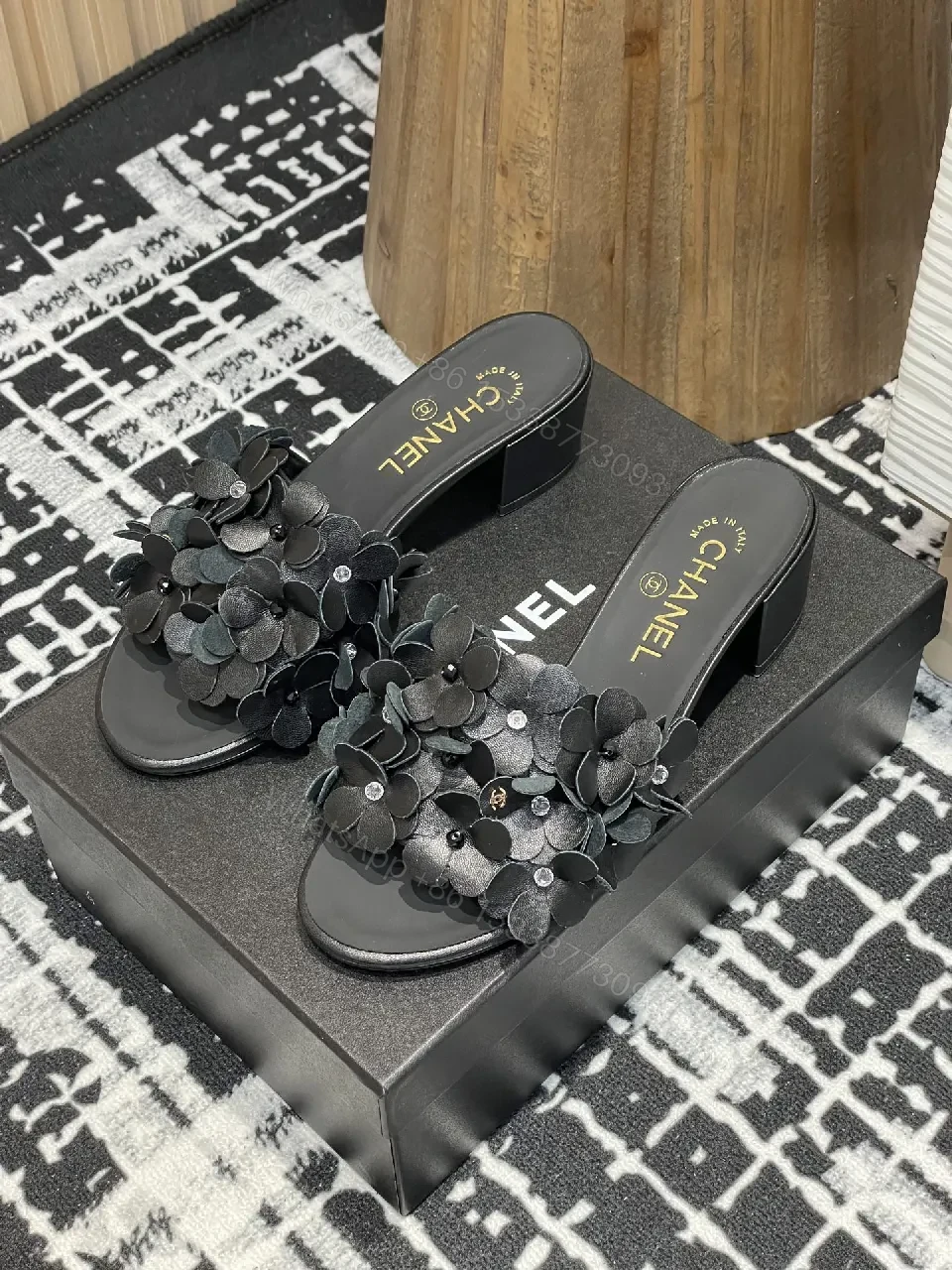 Floral-Embellished Black Block-Heel Sandals — view 1