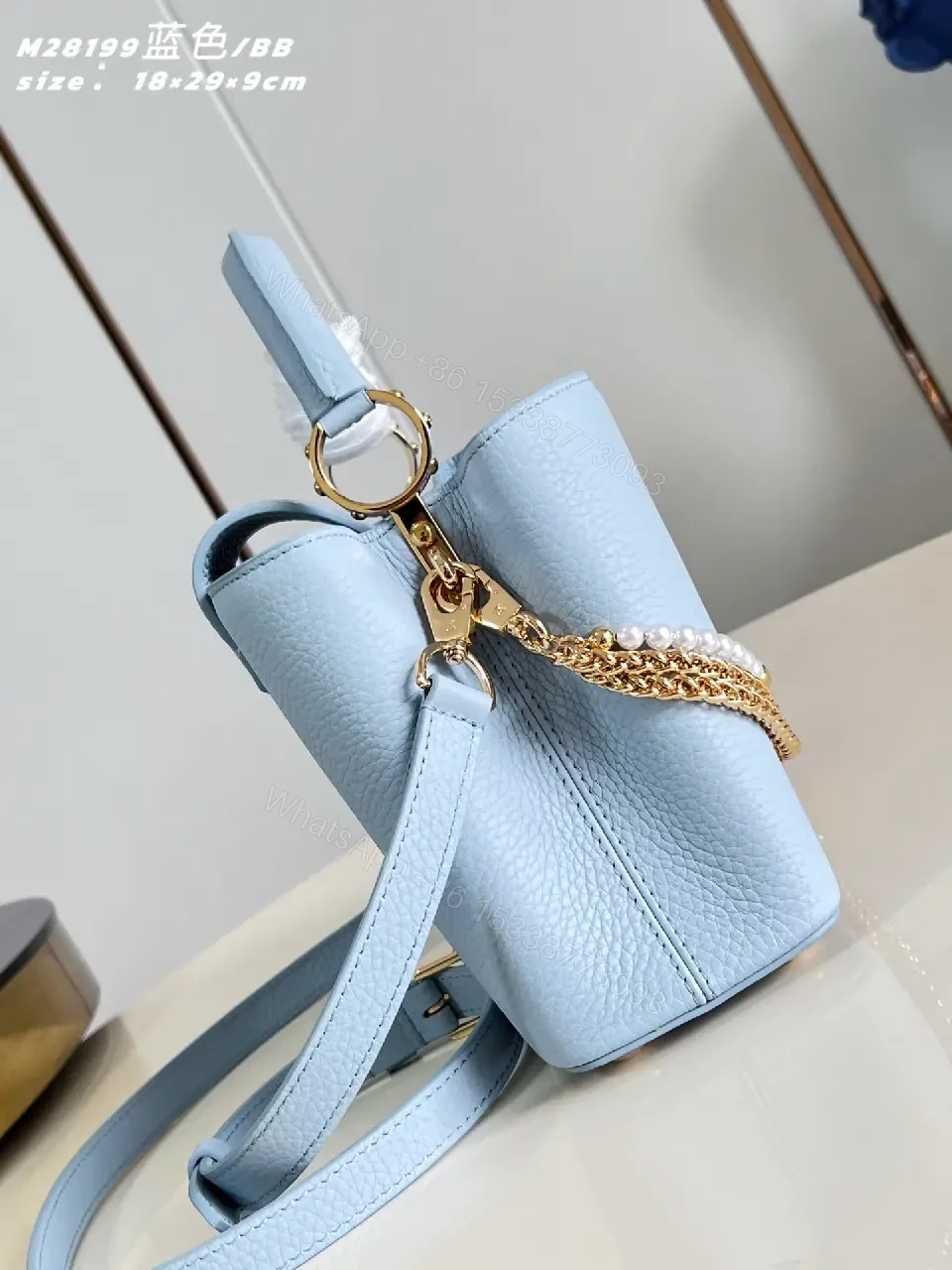 View 5 of Soft Blue Pebbled Leather Satchel with Pearl Chain Accent