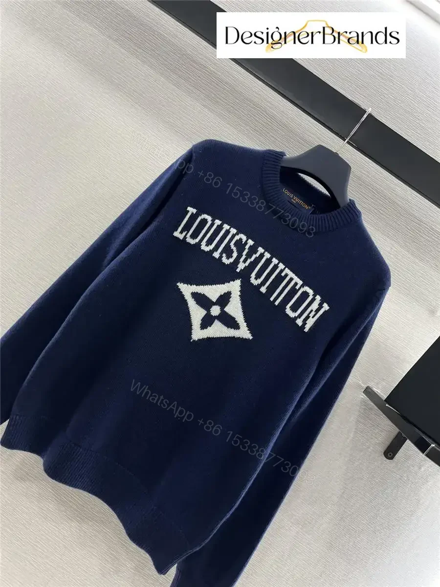 View 3 of Lux Navy Knit Crewneck with Bold Logo — Luxury Streetwear Sweater