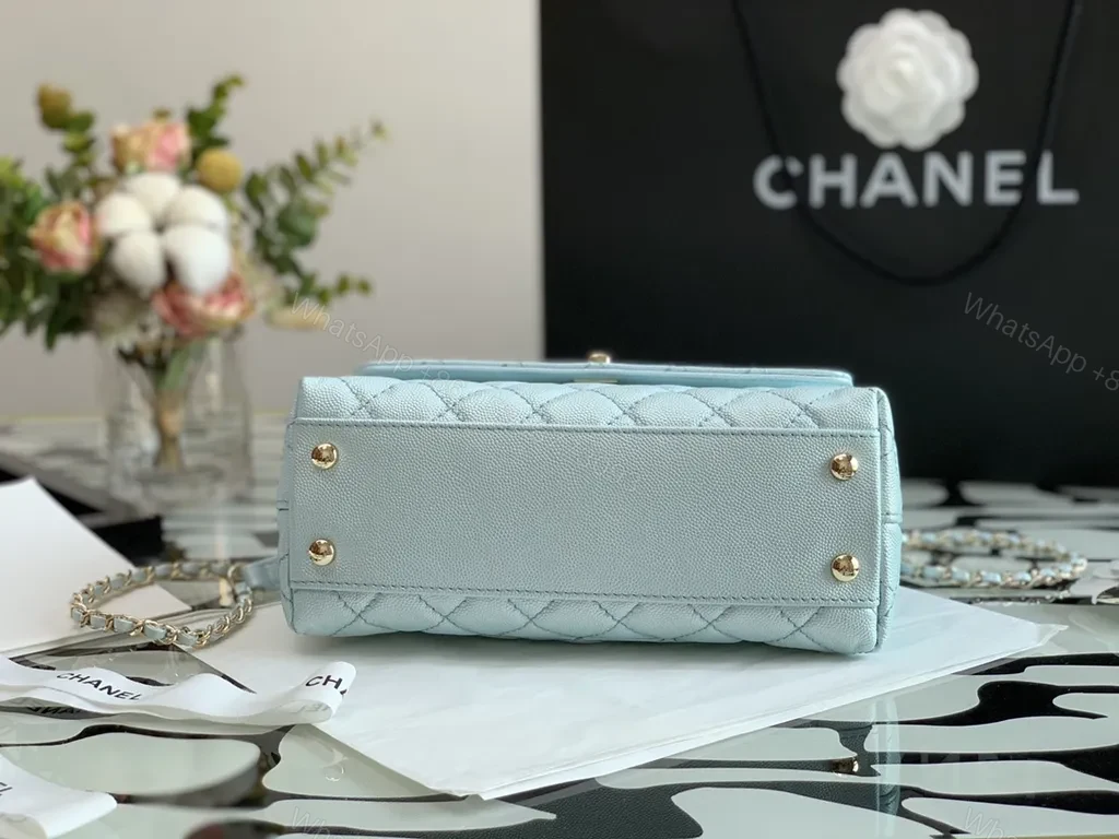 View 5 of Pastel Blue Quilted Bag with Gold CC Accents - Luxe Compact Purse
