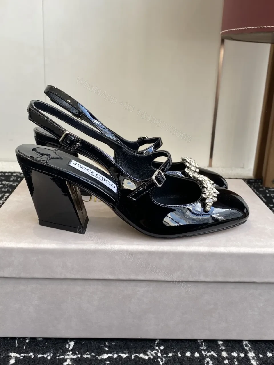 View 7 of Crystal-Embellished Black Patent Slingbacks with Adjustable Strap
