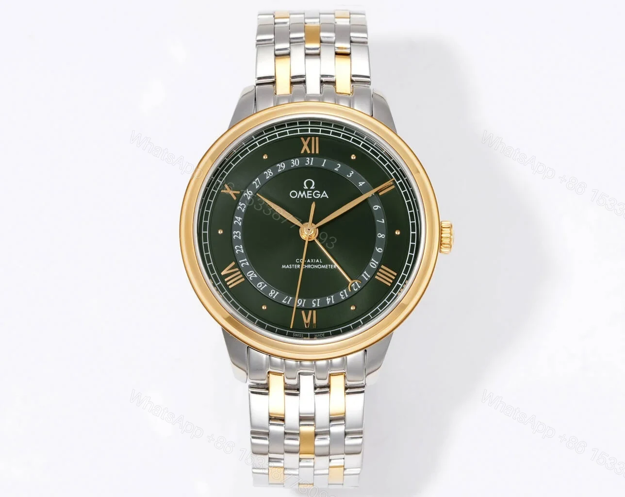 Omega De Ville Prestige Co-Axial Master Chronometer Pointer Date 42 Stainless Steel Yellow Gold Green Sunburst Bracelet 434.20.42.22.10.001 — view 1