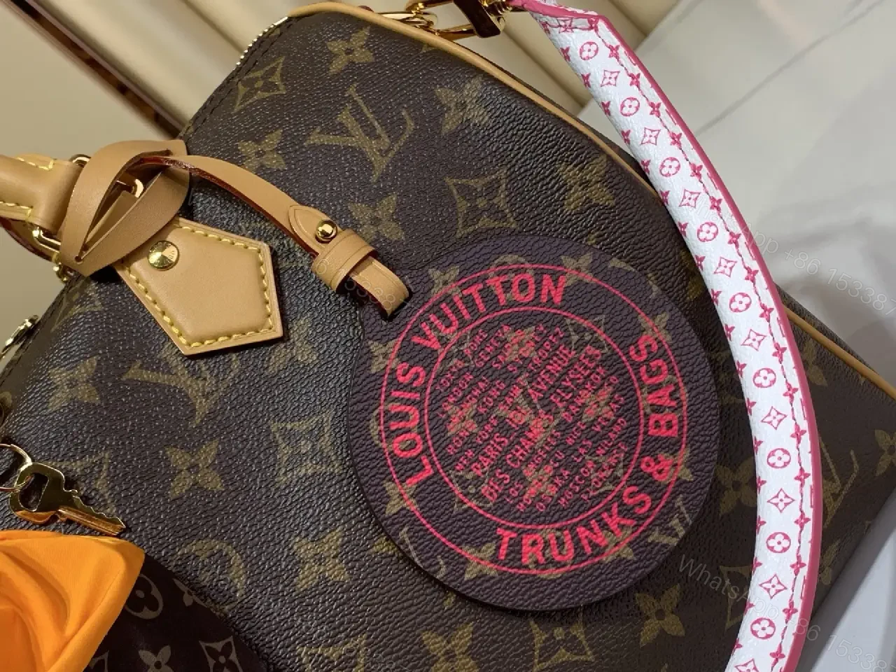 View 6 of Dark Brown Monogram Canvas Dome Tote with Pink-White Strap