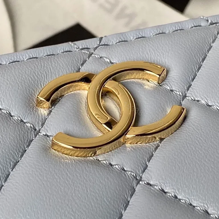 View 4 of Soft Denim-Blue Chanel-Style Quilt Mini Bag with Gold Chain