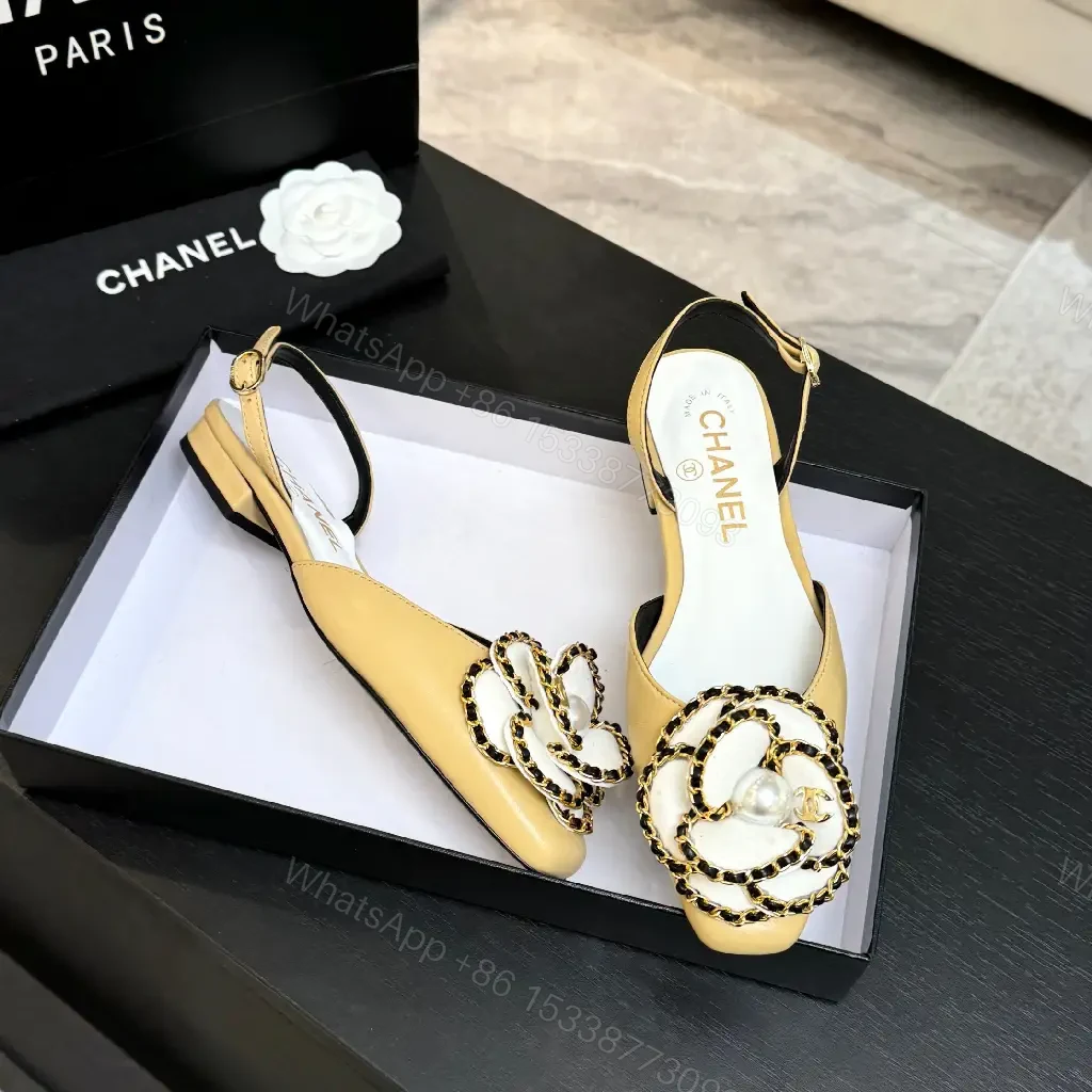 View 2 of Beige Leather Slingbacks with Pearl Embellishment – Low Heel