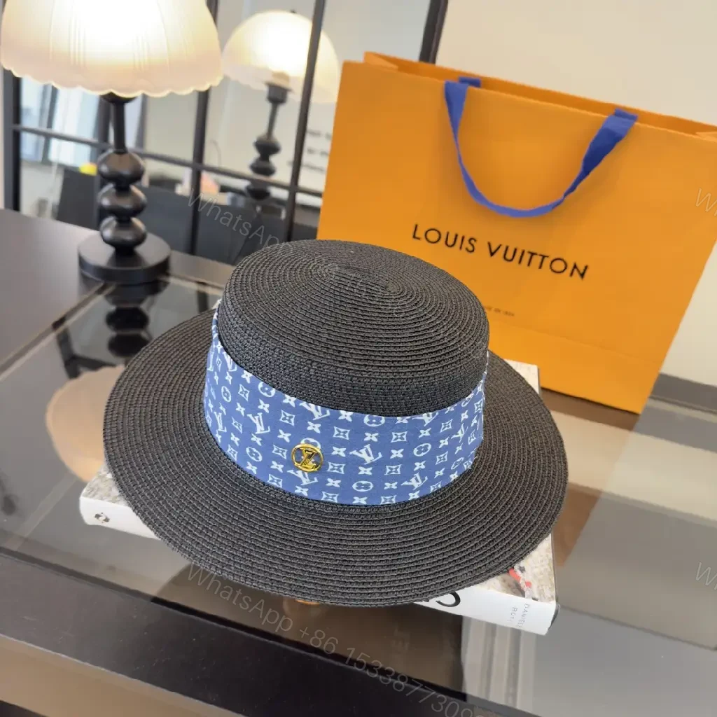 View 2 of Black Woven Hat with Blue Band and LV Charm | Wide Brim