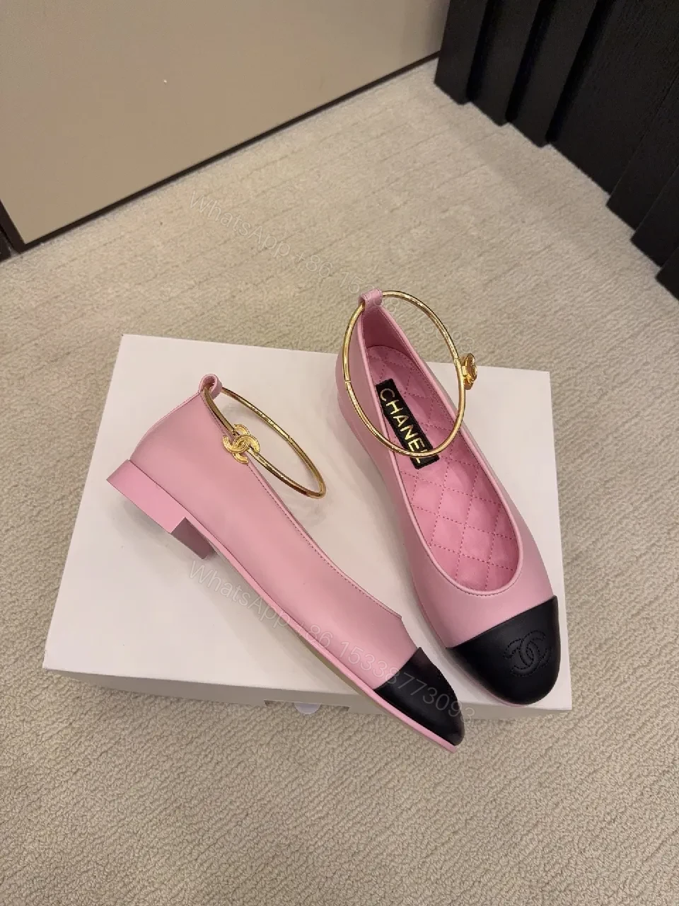 View 9 of Pink Quilted Leather Ballet Flats with Gold Hoop Accent - Cap Toe Detail