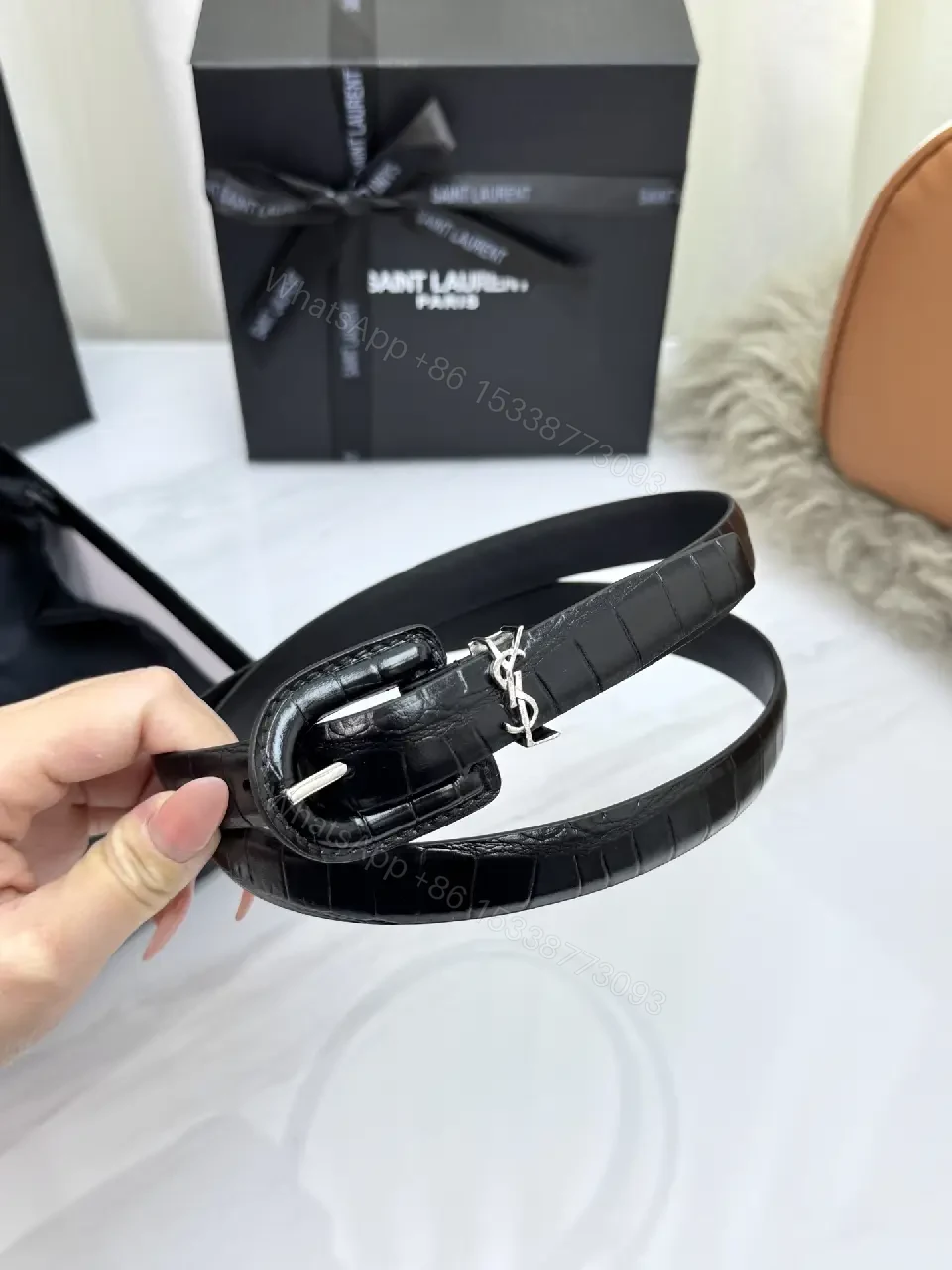 View 7 of Black Croc-Embossed Leather Belt, Silver Buckle, Elegant Saint Laurent Style