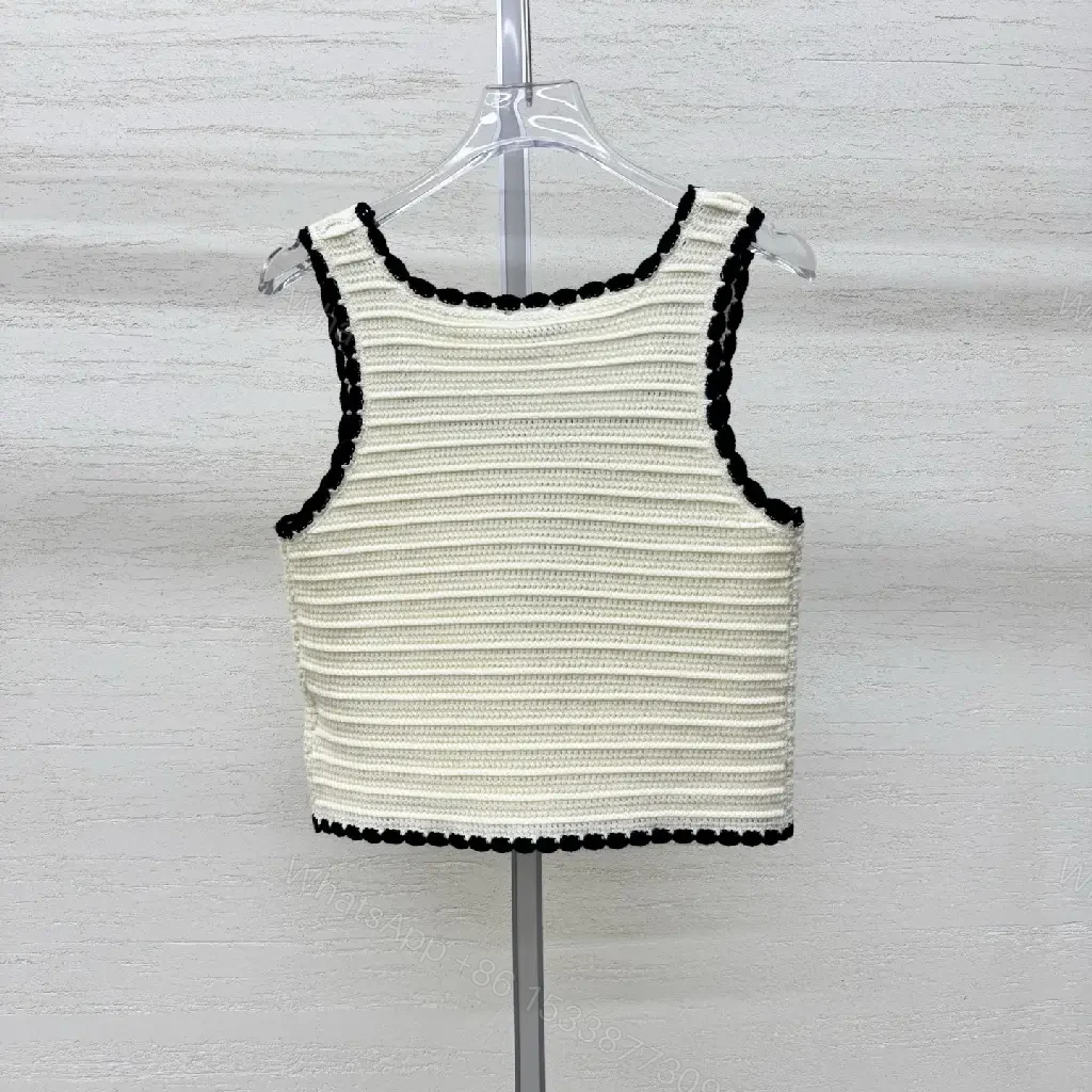 View 6 of Ivory Knit Crop Top with Black Piping, Luxe Knitwear Top