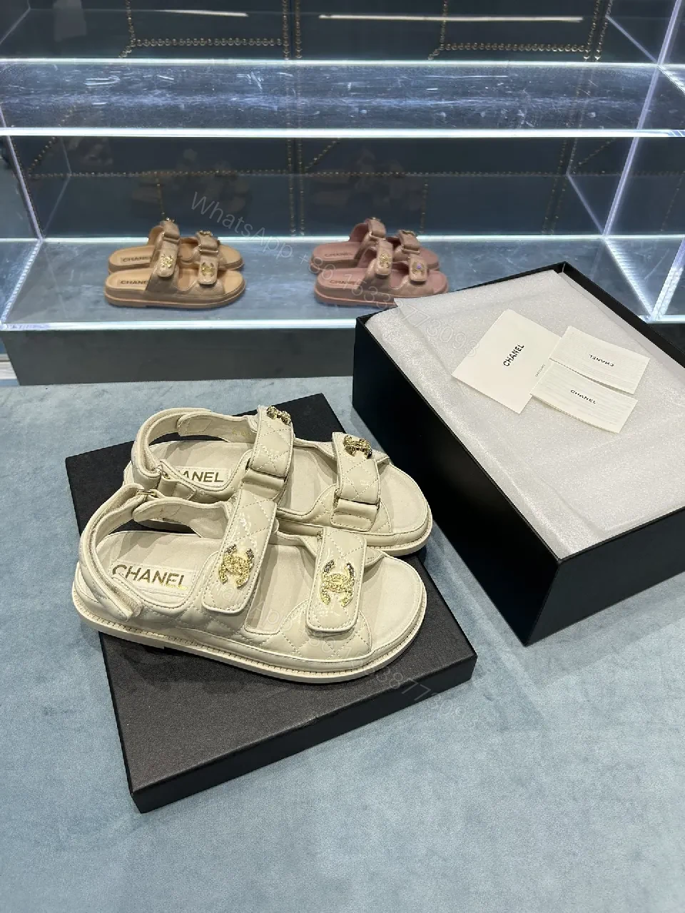 View 7 of Neutral Leather Quilted Sandals with Velcro Straps, Comfortable Luxury