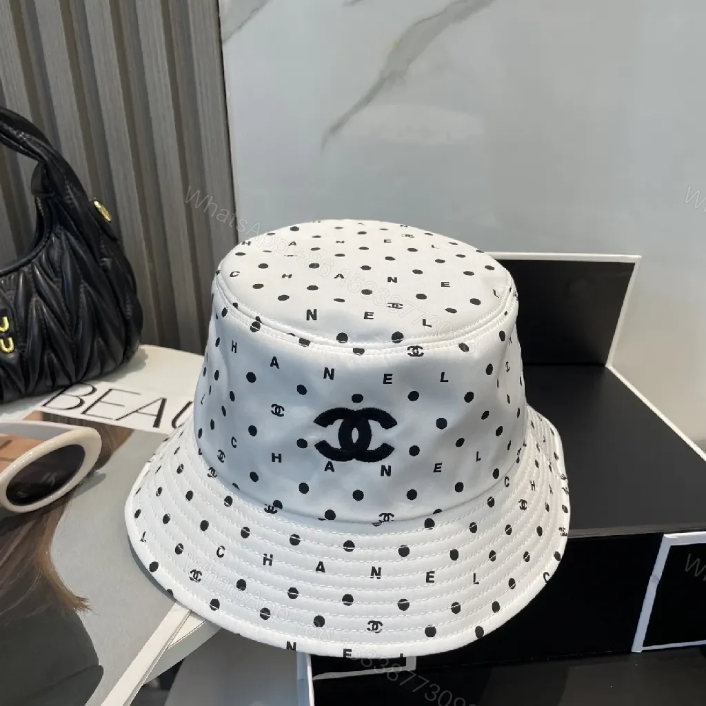 View 6 of White Polka Dot Bucket Hat with Subtle Logo, Cotton-Blend