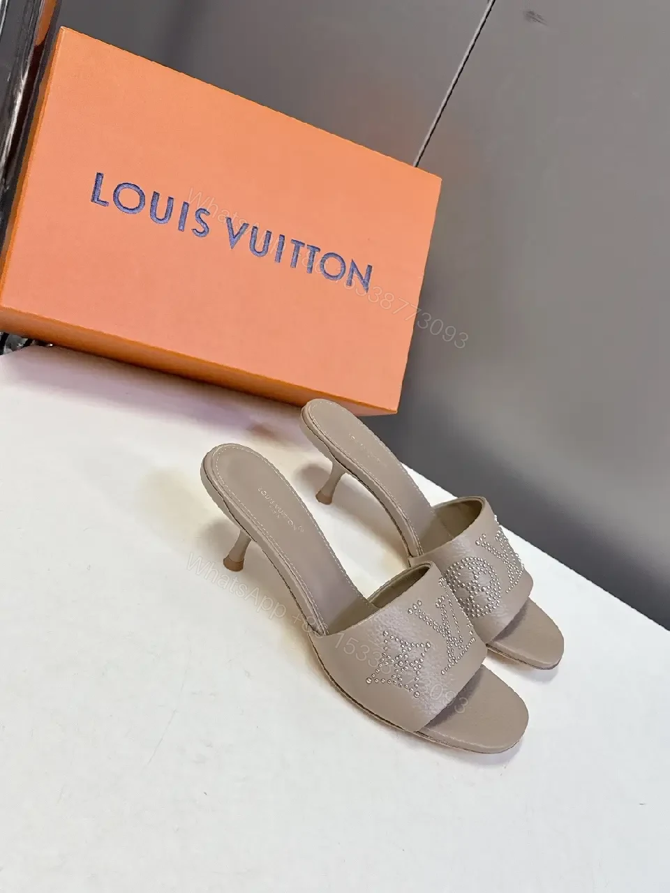 View 5 of Minimalist Taupe Leather Slides with Rhinestone Logo Embellishment