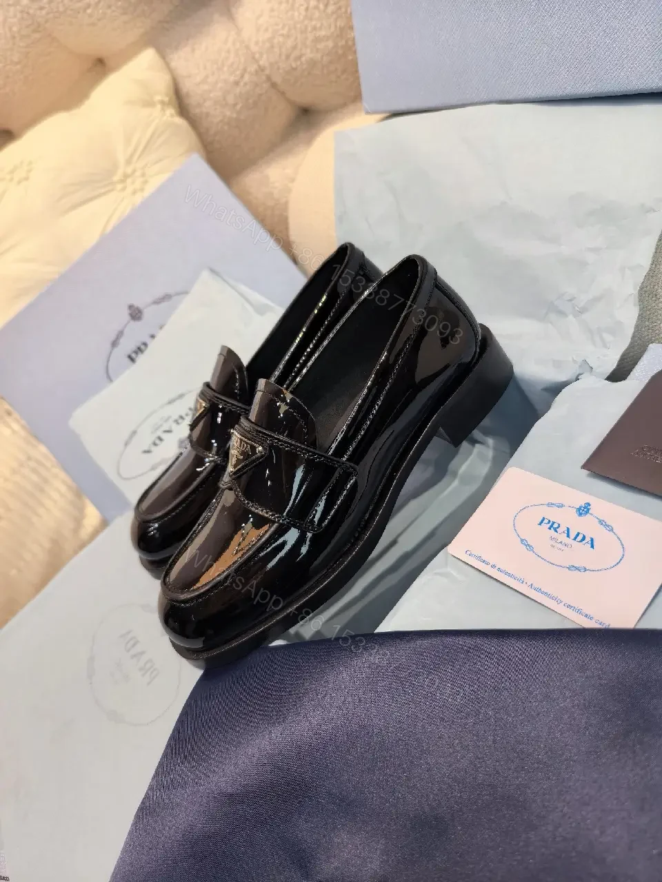 View 8 of Black Patent Leather Loafers Prada Style Feature: Logo Detail Shoe Type: Loafers