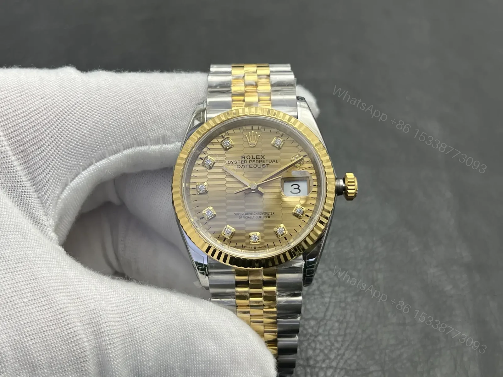 Rolex Datejust 36 Stainless Steel Yellow Gold Fluted Champagne Fluted Diamond Jubilee 126233-0045 — view 1