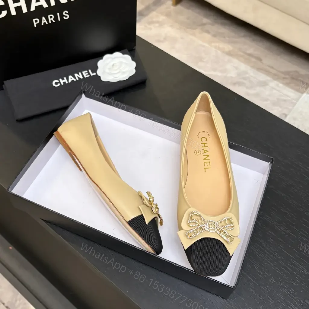 View 5 of Beige Leather Flats with Black-Toe Cap & Crystal Bow