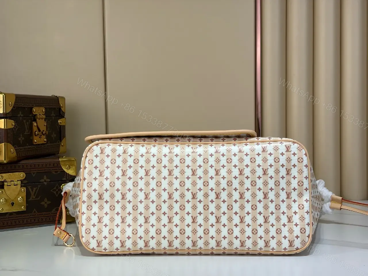View 7 of White Tote Bag with Brown Trim and LV Monogram Details