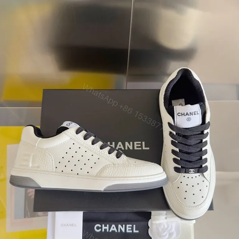 View 3 of Clean White Chanel-Inspired Court Sneakers with Bold Black Laces