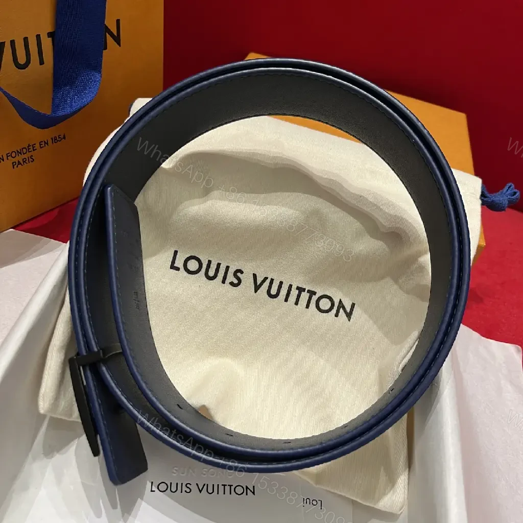 View 9 of Dark Blue/Black LV Patterned Canvas Belt with Bold Oversized Monogram Buckle