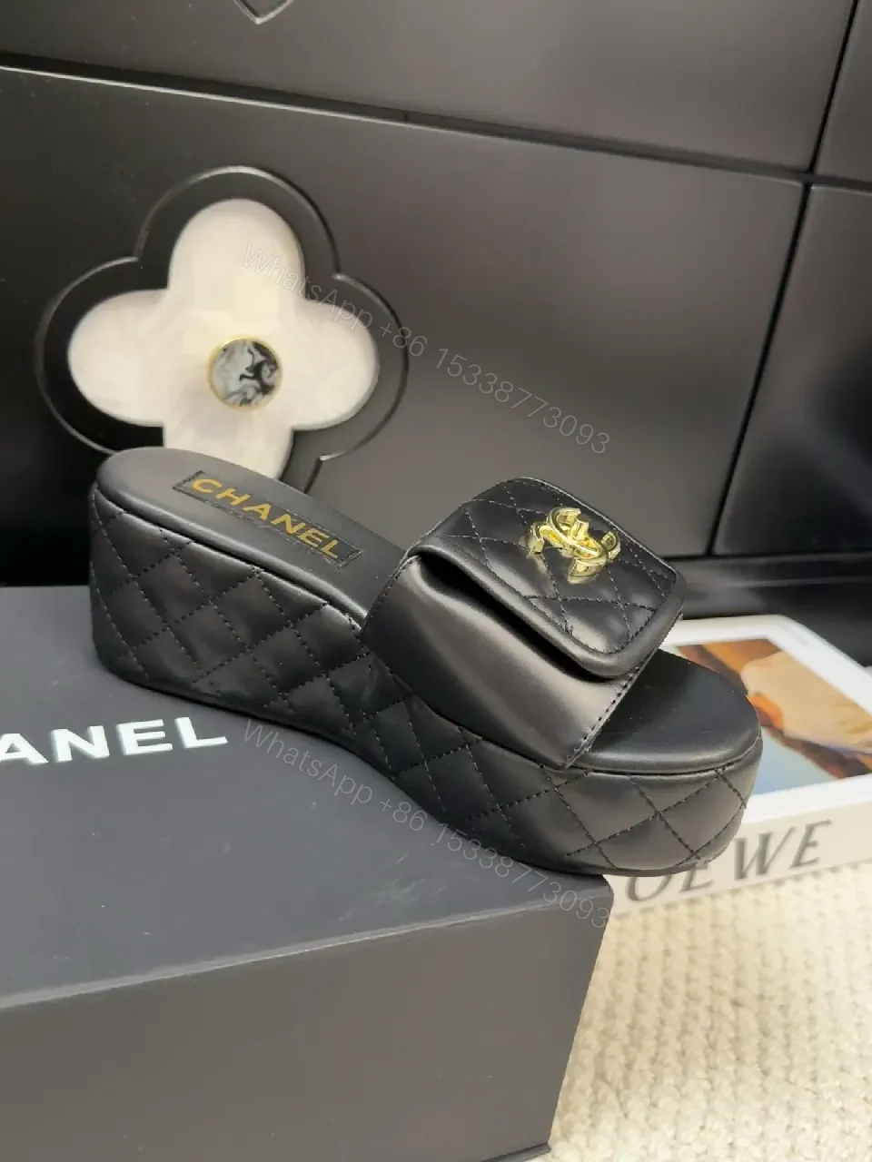 View 2 of Quilted Leather Slides with Gold Logo Sandals