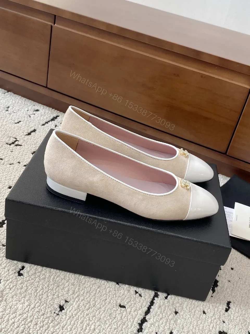 View 9 of Beige Suede & White Patent Flats – Two-Tone, Subtle Luxury, Flats