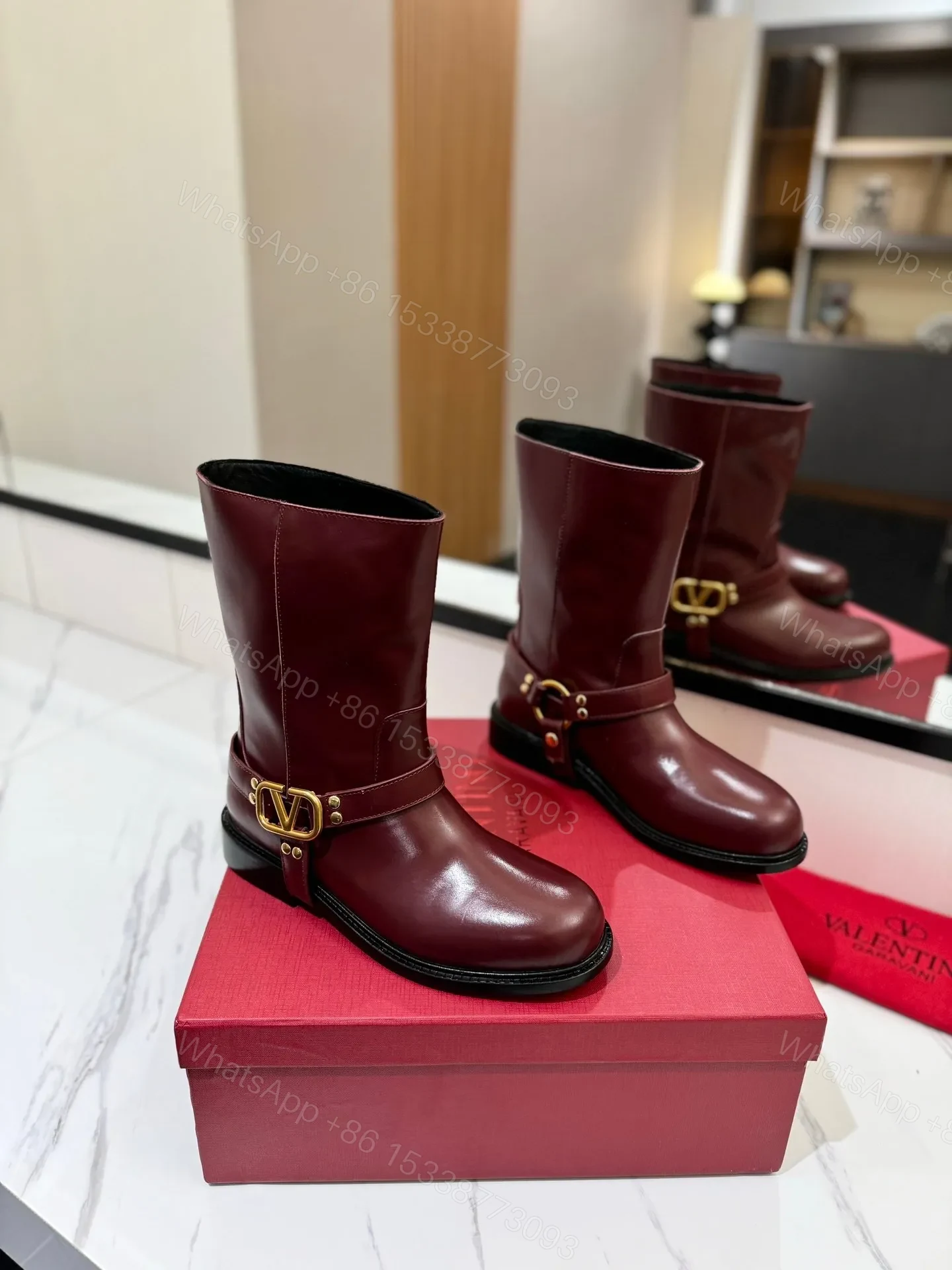 Valentino Women Burgundy Leather Mid-Calf Boots — view 1