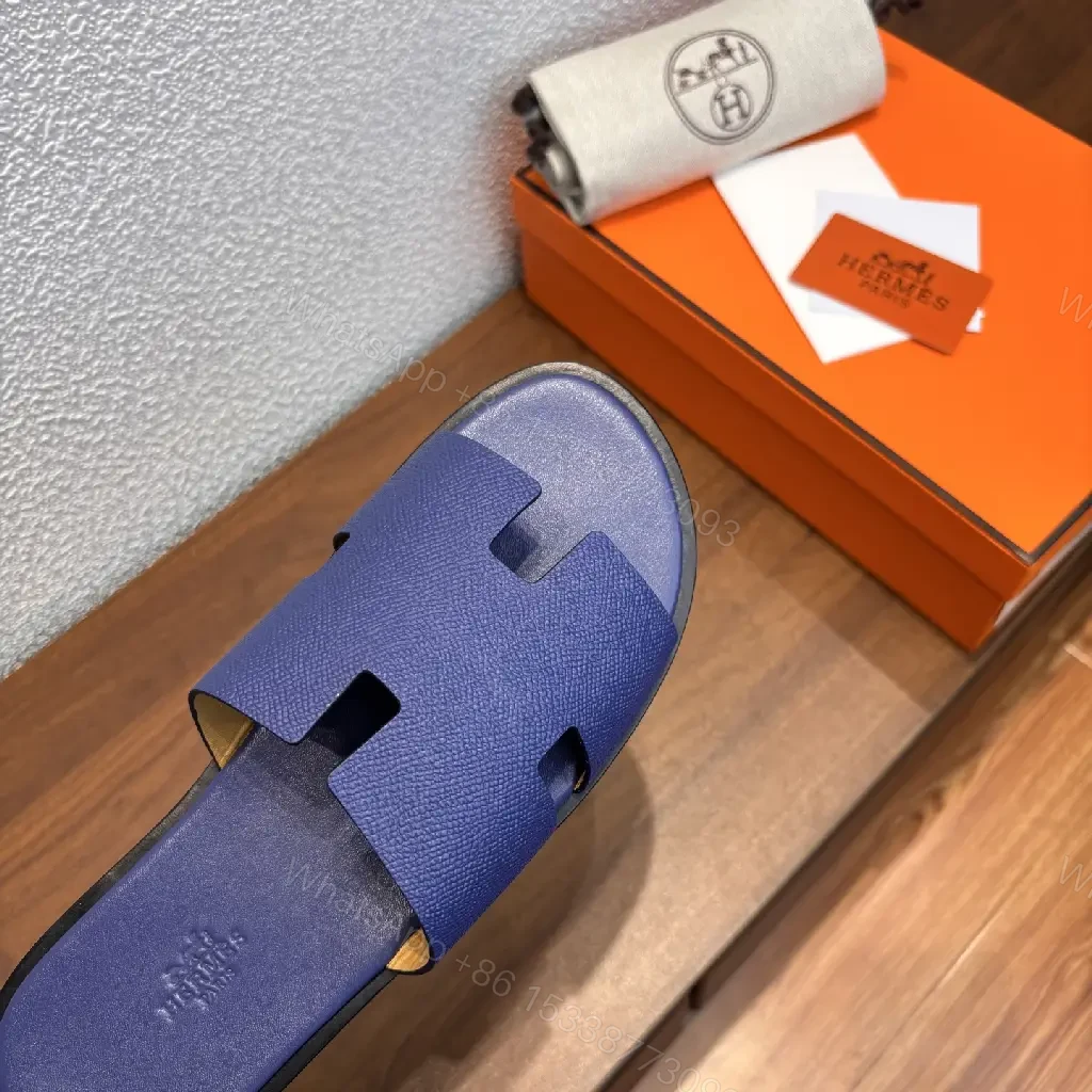 View 5 of Navy Leather Slide Sandals - Minimalist Comfort - Hermes Style (60 chars)