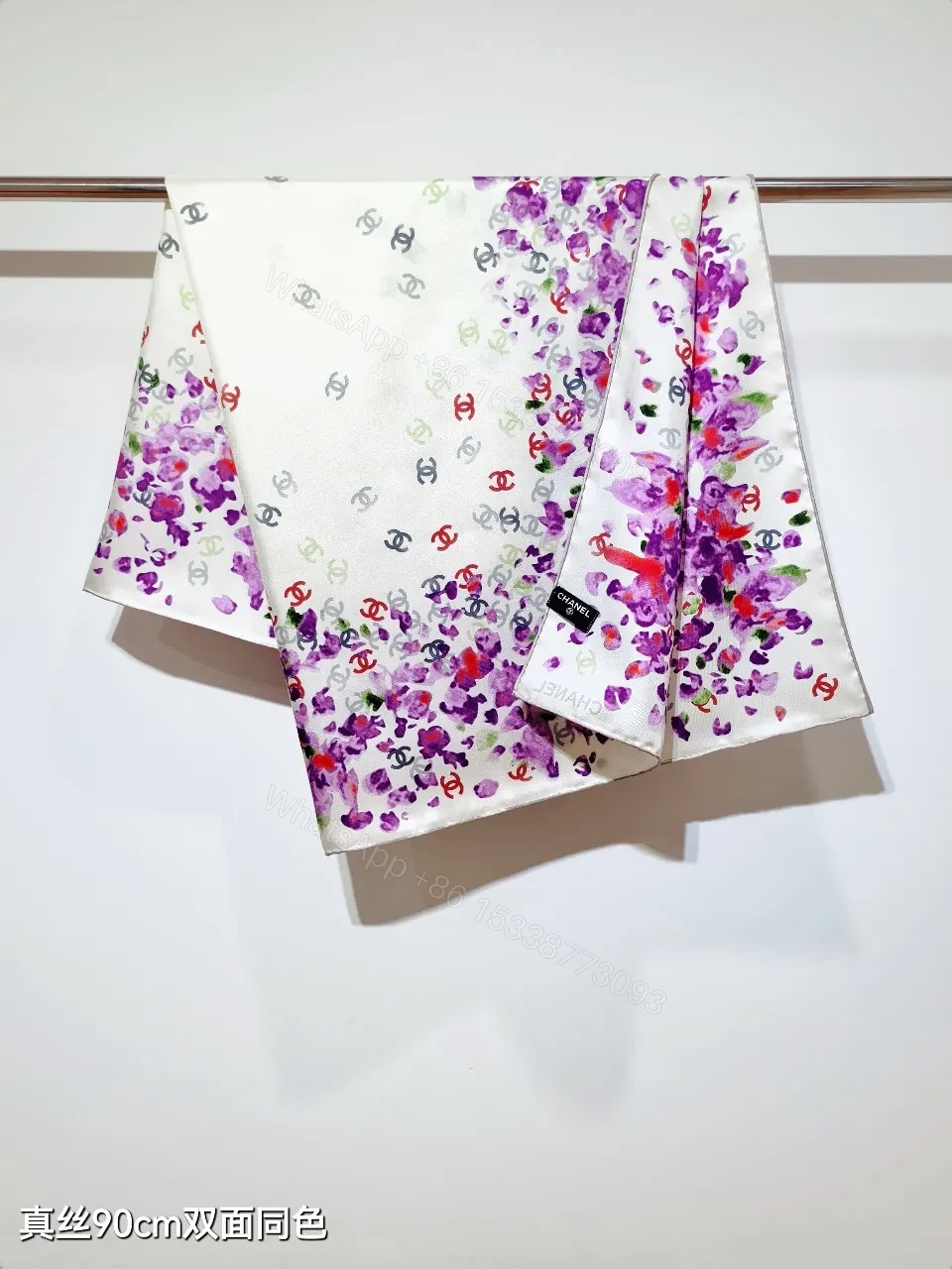 View 3 of Purple Silk Scarf: Floral Frame, Subtle Logo Detailing, 90cm square
