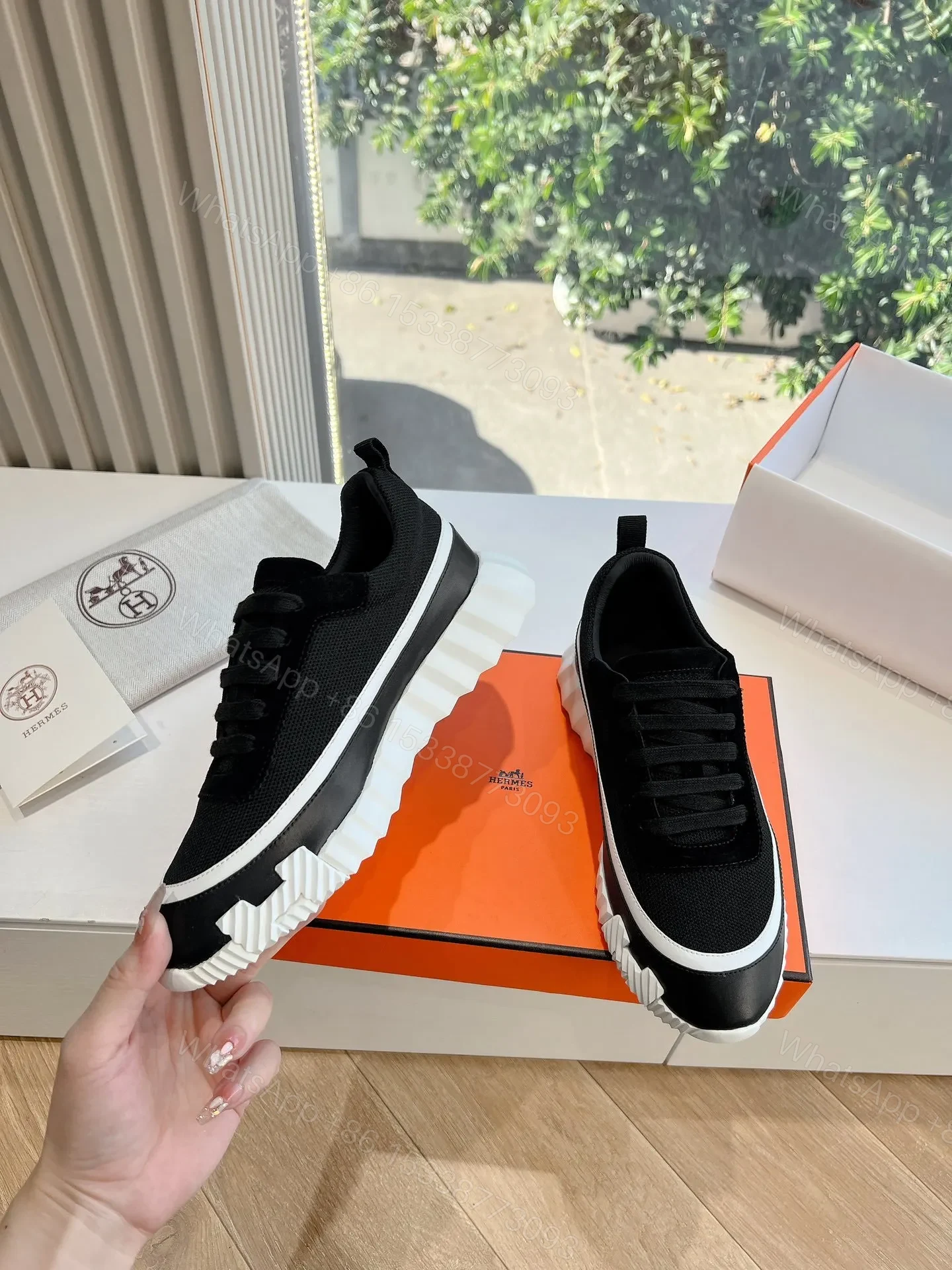 View 6 of Hermes Women Black Mesh And Leather Sneakers