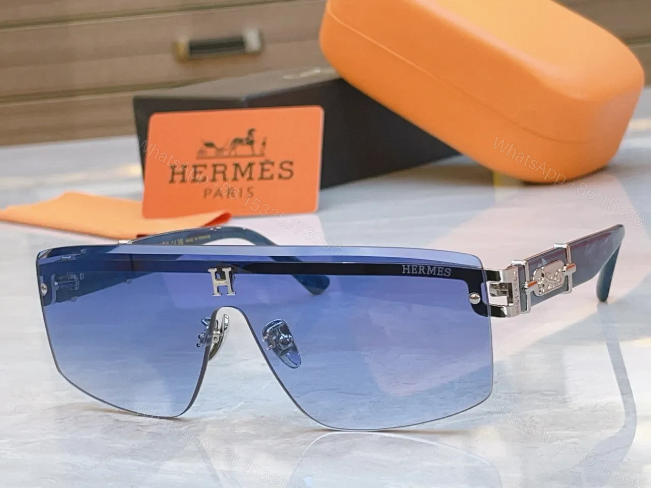 Bold Hermes Shield Sunglasses: Blue Gradient Lens Shield — view 1