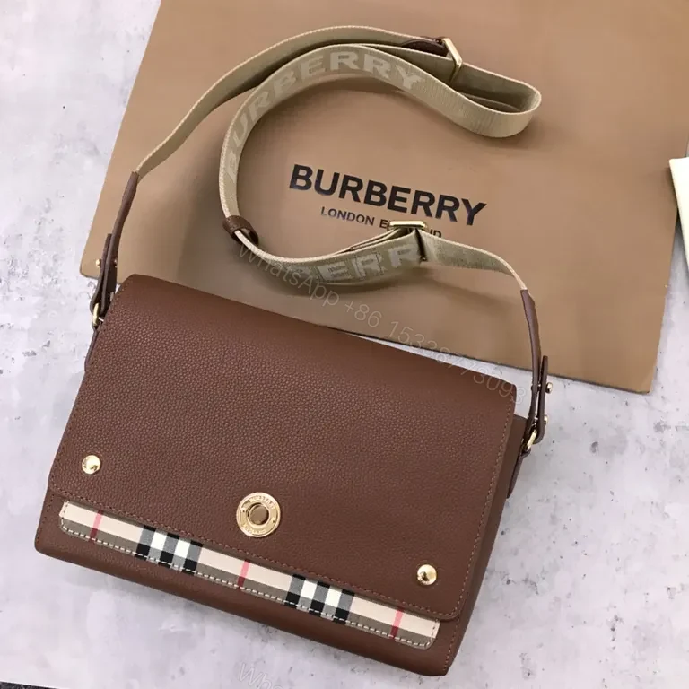 Brown Leather Crossbody | Heritage Plaid, Gold Hardware, Structured Design — view 1