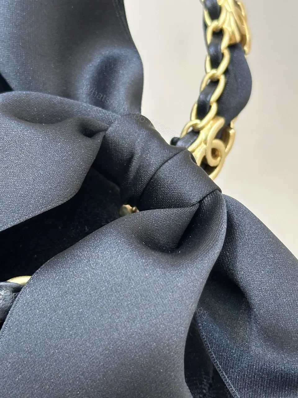 View 5 of Quilted Velvet Handbag with Satin Bow Accent and Gold Chain