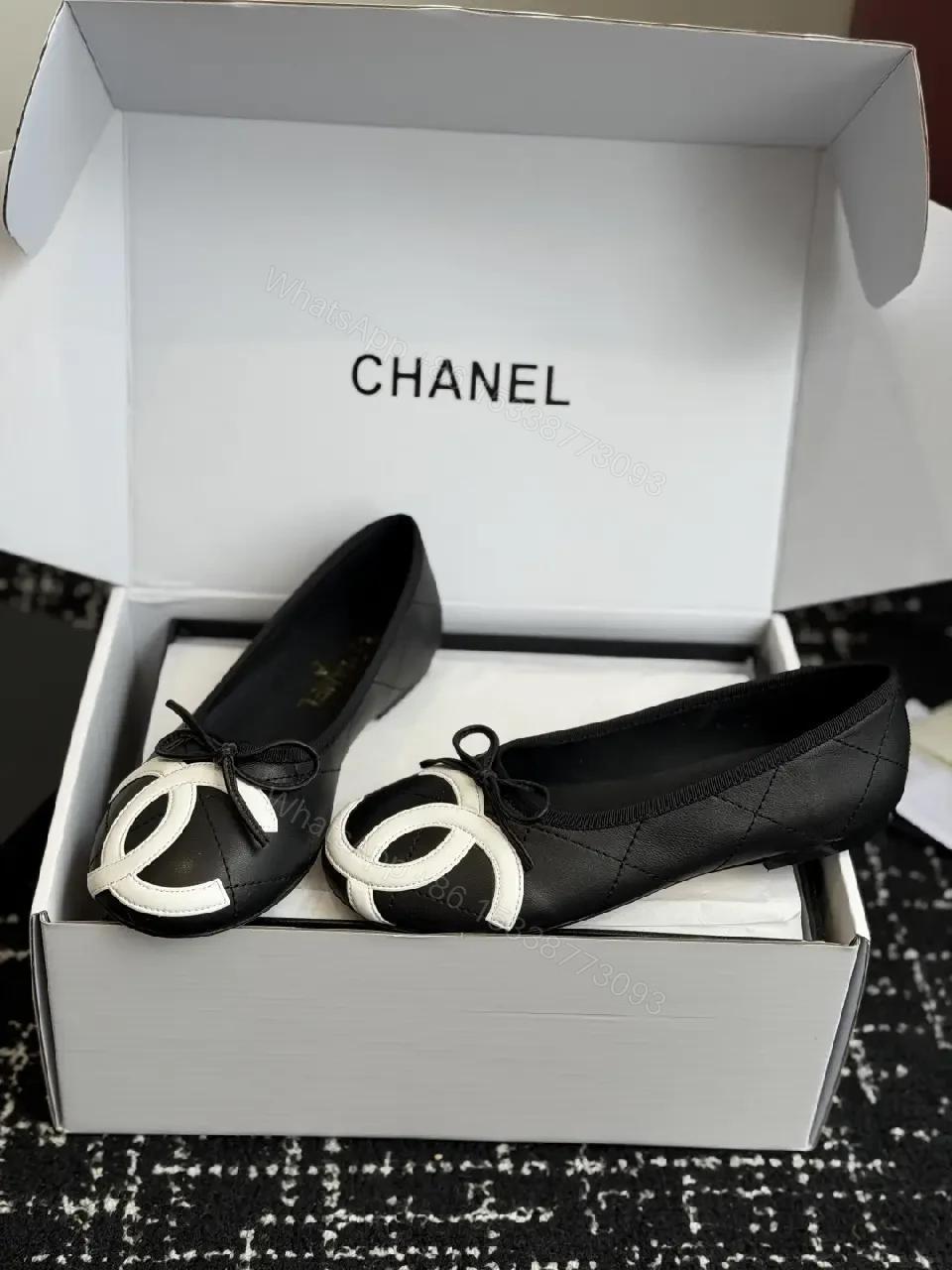 View 6 of Black White Leather Bow Ballet Flats, Classic Chanel Style, Flat Shoes