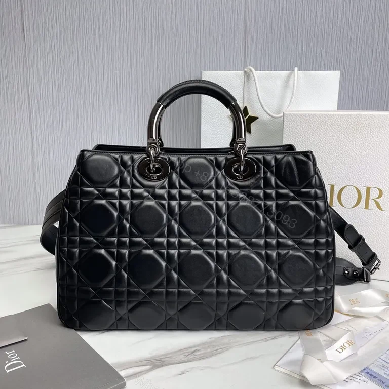 View 6 of Black Leather Faux Dior Handbag: Diamond Quilted, Silver Hardware, D&R Charm, Top Handles/Shoulder Strap