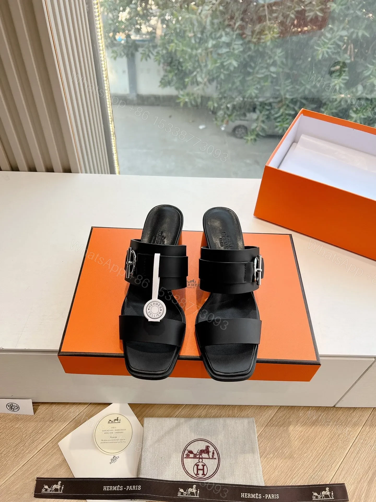 Hermes Women Black Leather Buckle Mules — view 1