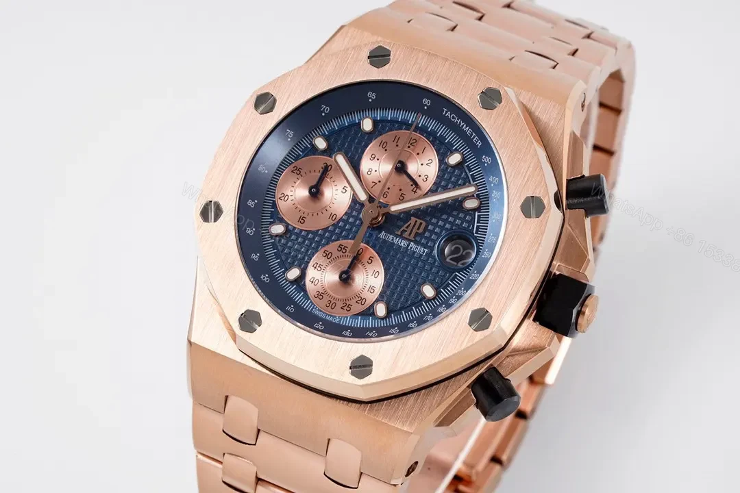 View 3 of JF Factory Audemars Piguet Royal Oak Offshore Rose Gold Steel Bracelet Watch with Blue Dial and 4404 Chronograph Movement