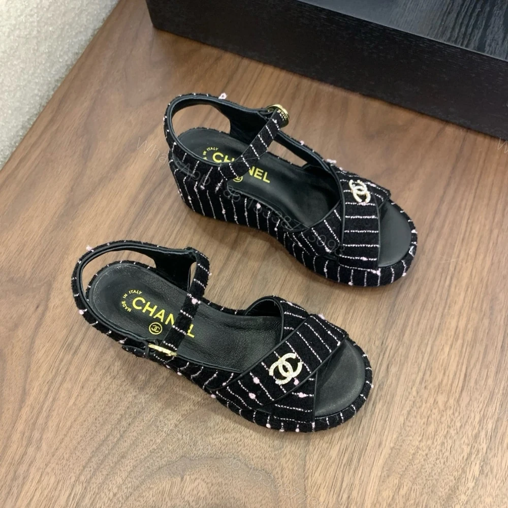 View 8 of CHANEL COTTON TWEED CC PLATFORM SANDALS BLACK WHITE