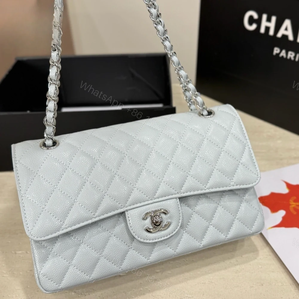 View 2 of Chanel Classic Double Flap Bag Silver Hardware Baby Blue 25cm