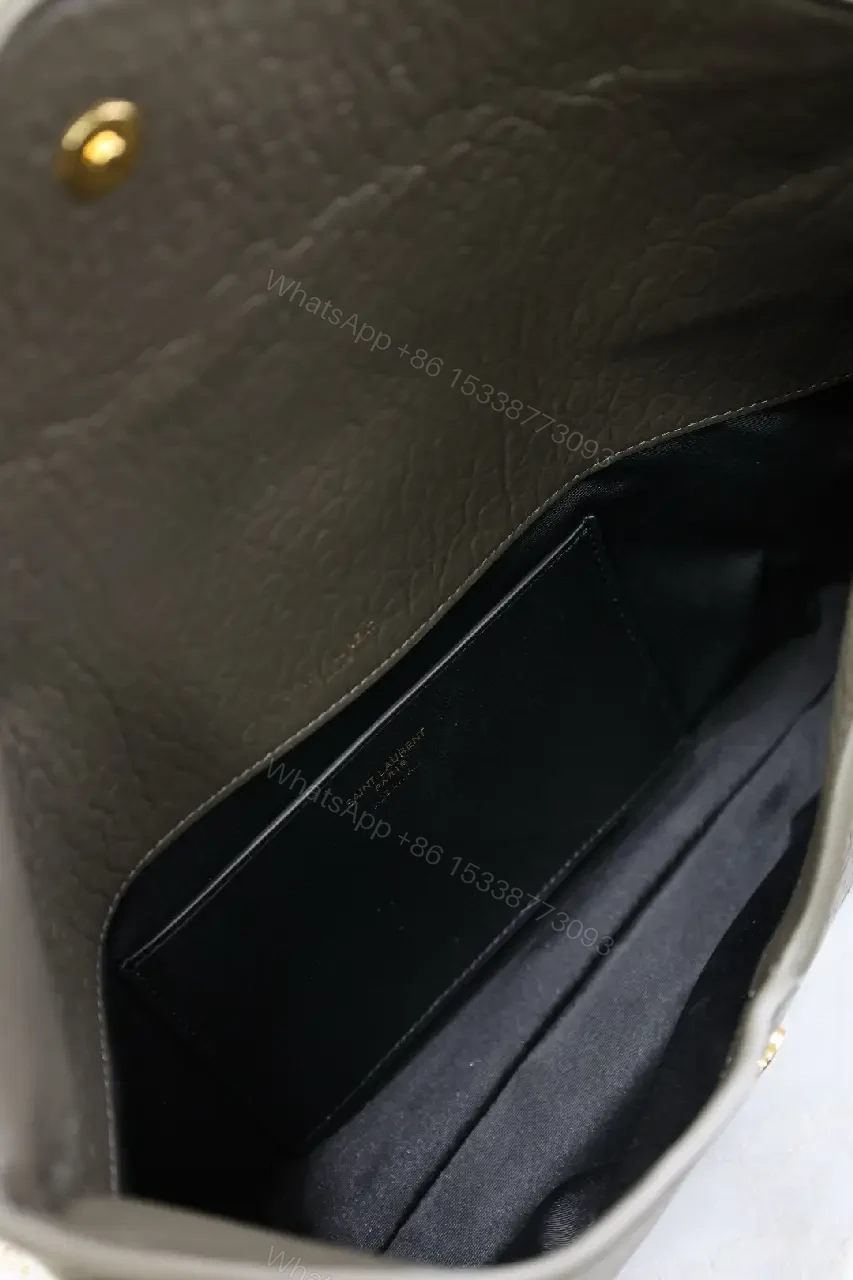 View 6 of Textured Black Leather Envelope Clutch with Gold Logo Signature