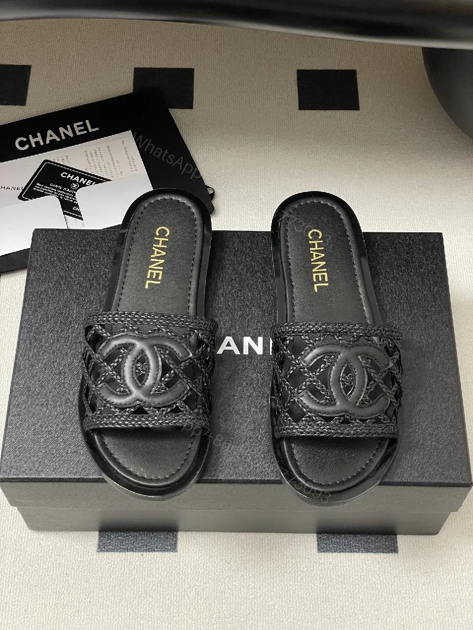 View 8 of Black Quilted Slide with Interlock Crest - Elevated Comfort Slipper