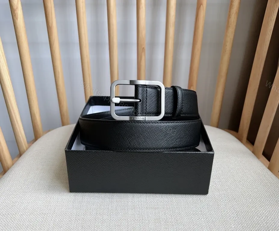 View 2 of Minimalist Black Leather Belt with Prada-Style Hardware Luxury Belt