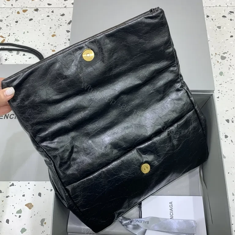 View 4 of Black Crinkle Leather Bag + Gold Chain â€“ Compact Luxury Handbag