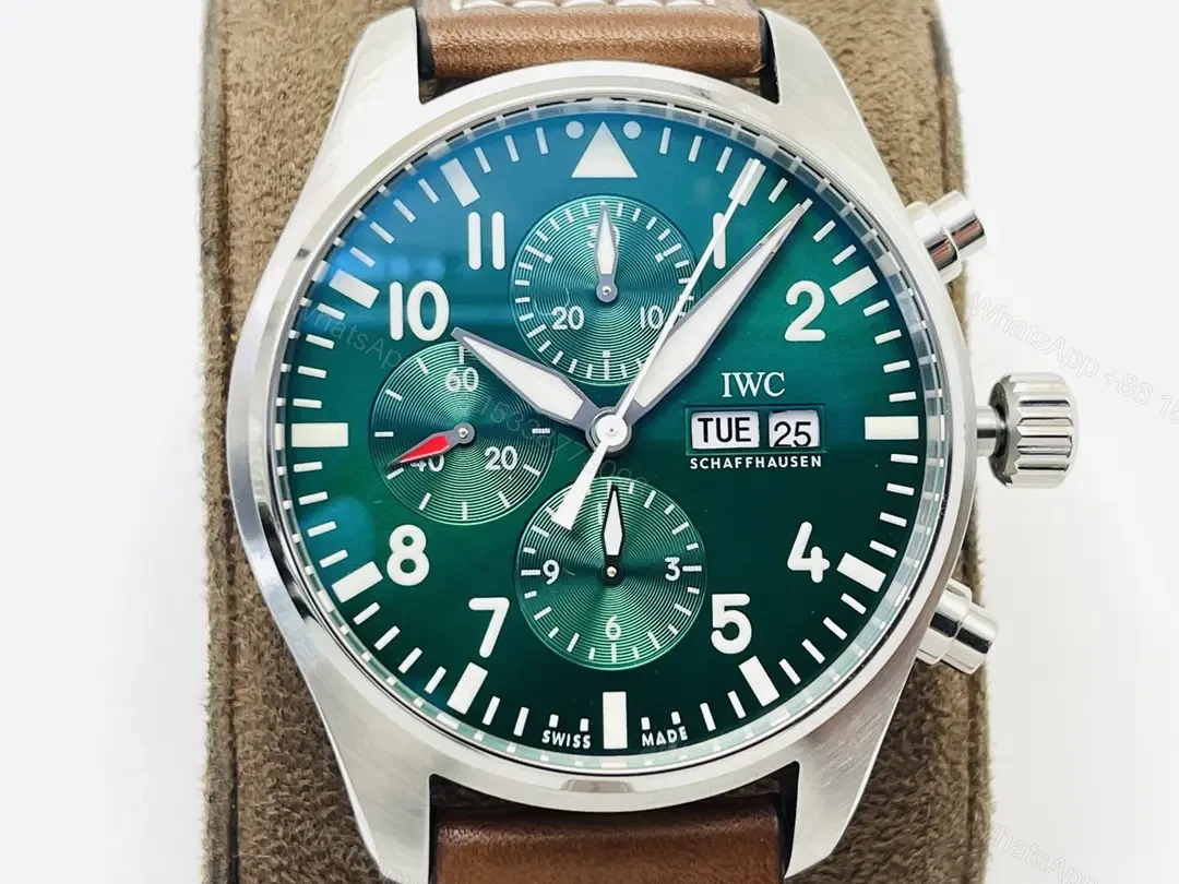 View 4 of IWC Green Brown Pilot Chronograph Green Dial Leather Strap Ultimate 43MM IWC-PILOT-CHR-GRN43-L