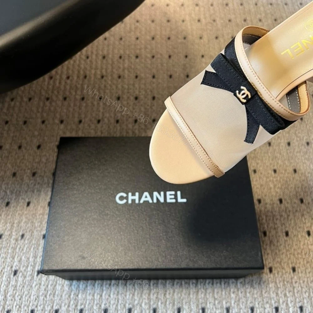 View 10 of Chanel Mesh Bow Block Heel Mules Beige And Black