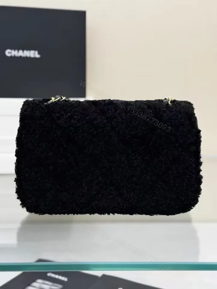 View 2 of Lux Black Shearling Clutch with Gold Logo