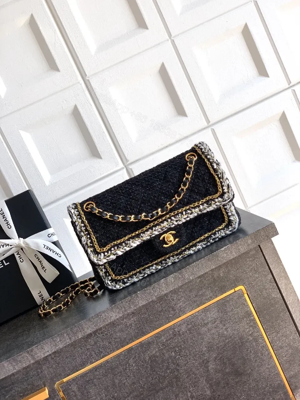 Black Bouclé Mini Flap Bag with Chain Accents, Day-to-Evening — view 1