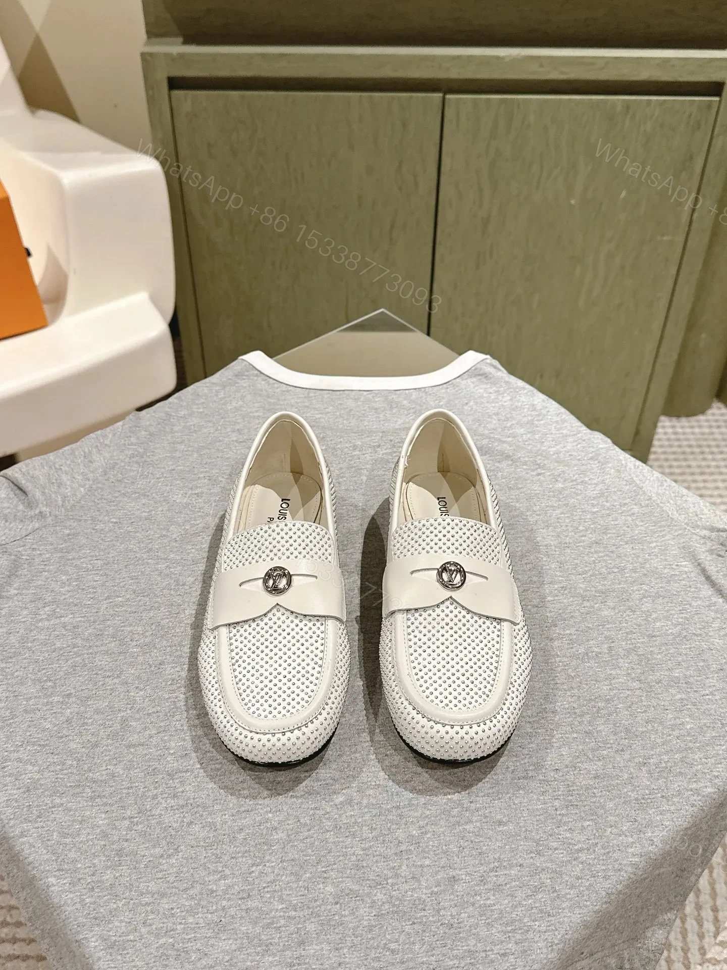 LV Women White Leather Studded Loafers — view 1