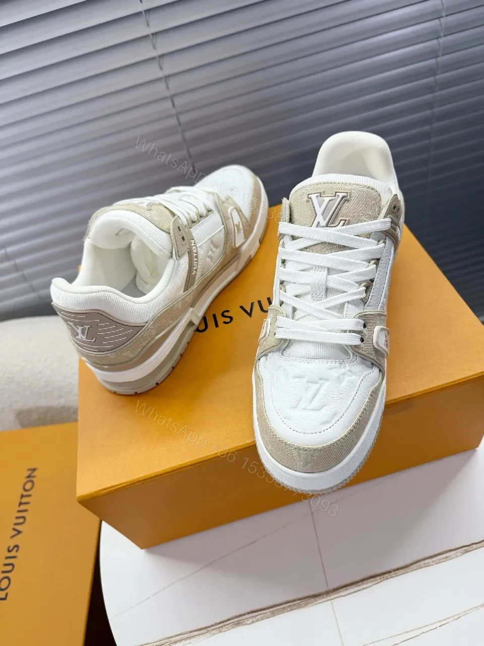 View 4 of White Quilted Leather High-Tops with Beige Suede Overlays