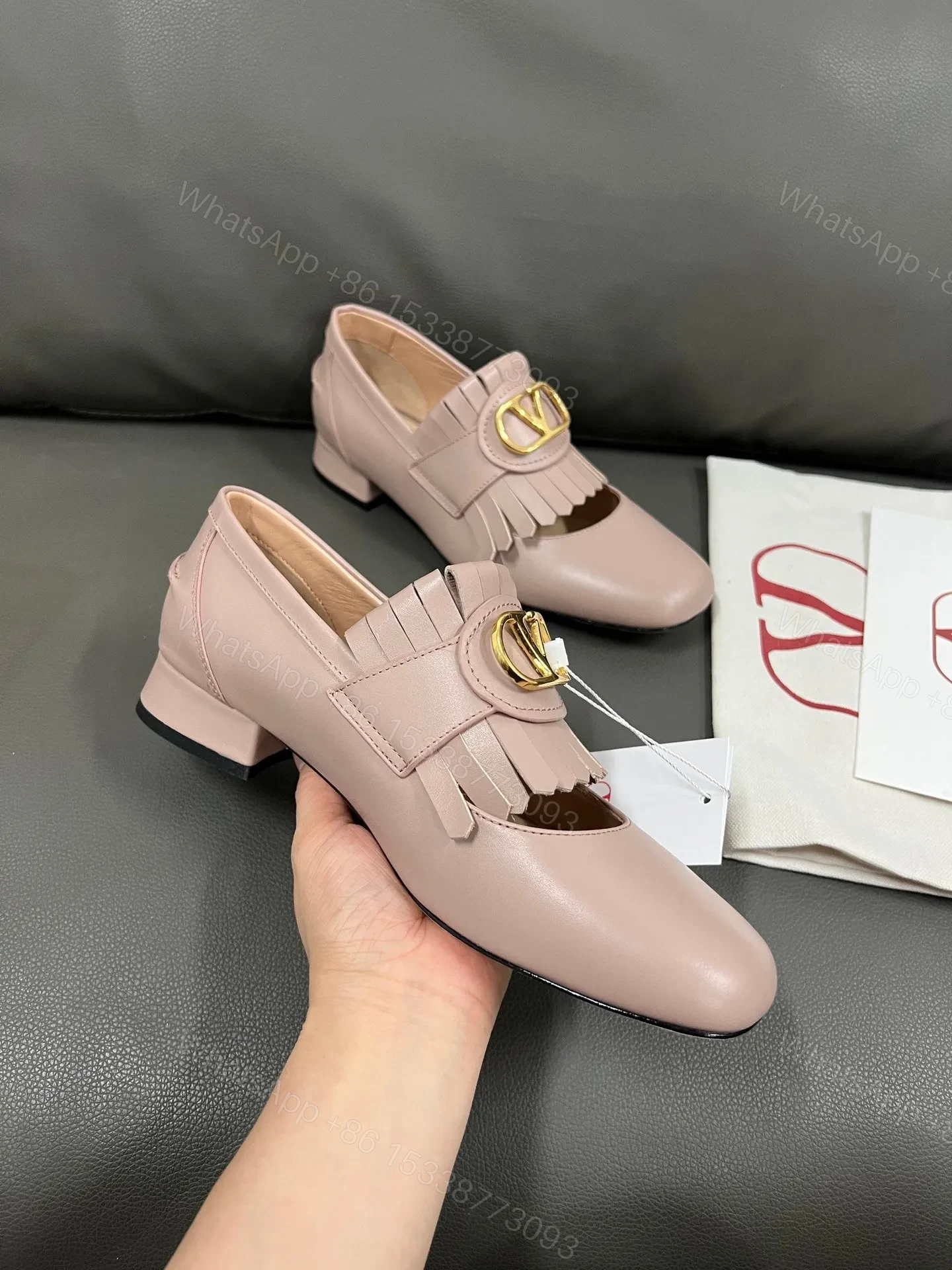 View 5 of Valentino Women Pink Leather Fringe Loafers