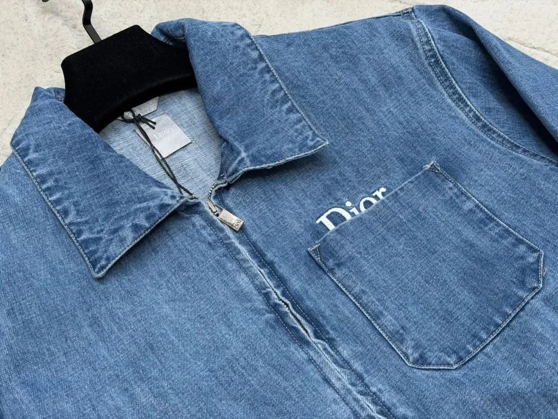 View 5 of Medium Denim Zip-Up Jacket - Subtle Logo, Modern Texture