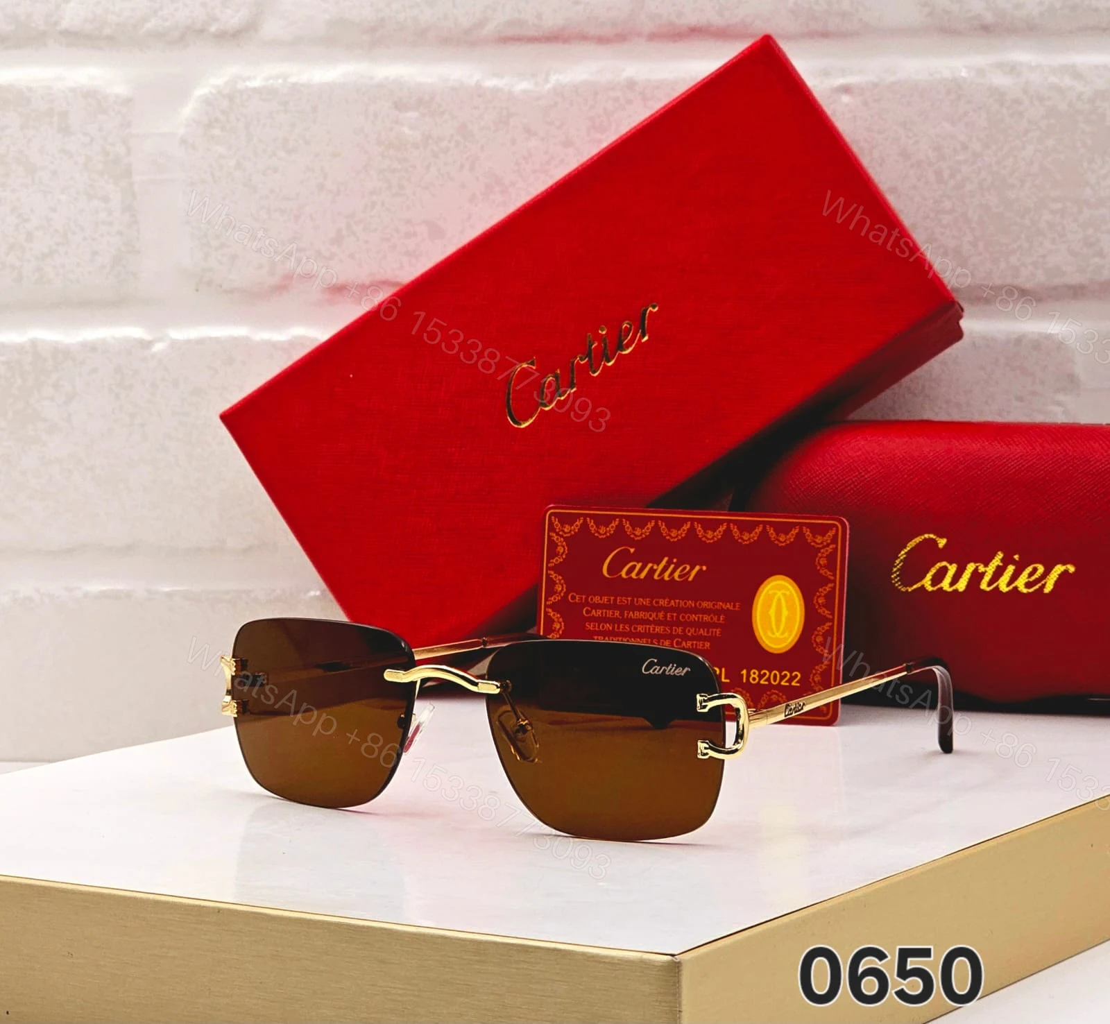 View 4 of Cartier 0650 Rectangular Rimless Sunglasses Black & Gold